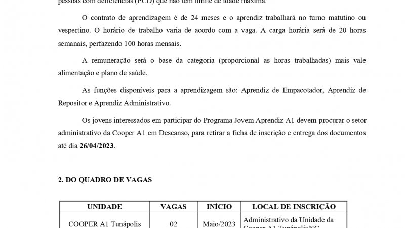 EDITAL JOVEM APRENDIZ TUNÁPOLIS/SC
